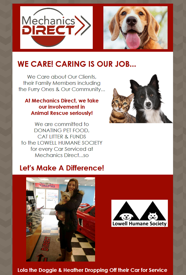 Making a Difference - At Mechanics Direct, we take our involvement in Animal Rescue seriously! We are committed to DONATING 1 CAN OF PET FOOD & CAT LITTER TO THE LOWELL HUMANE SOCIETY OF LOWELL, MA for every Car Serviced at Mechanics Direct...so LIKE, FOLLOW, SHARE Mechanics Direct on Facebook to Make A Difference!